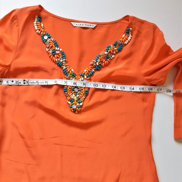 👚Trina Turk  100% Silk Orange Beaded V Neck Tunic Top Blouse - Picture 5 of 14